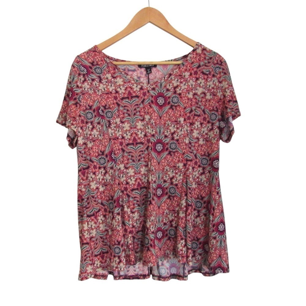 Roz Ali Dressbarn Floral Short Sleeve Top XL Petite Stretch Spring Colorful